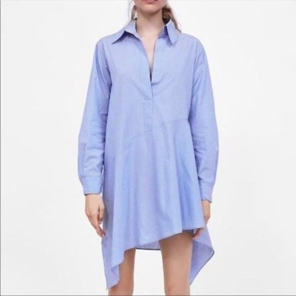 Zara Blue 100% Cotton Striped Asymmetric Shirt Dress - Picture 1 of 5